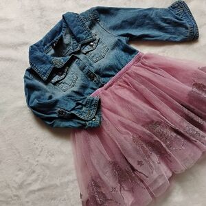 Super Cute Denim & Purple Glitter Unicorn Tulle Shirt Dress | Size 24M